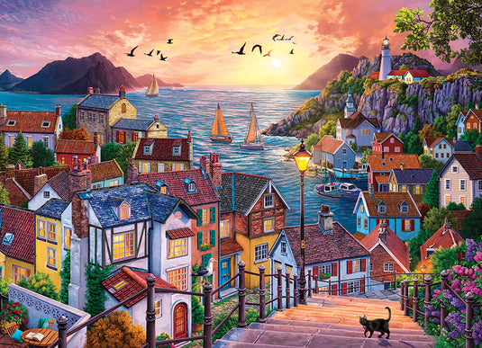 Coastal Town at Sunset 1000 Piece Jigsaw Puzzle by Cobble Hill - 2